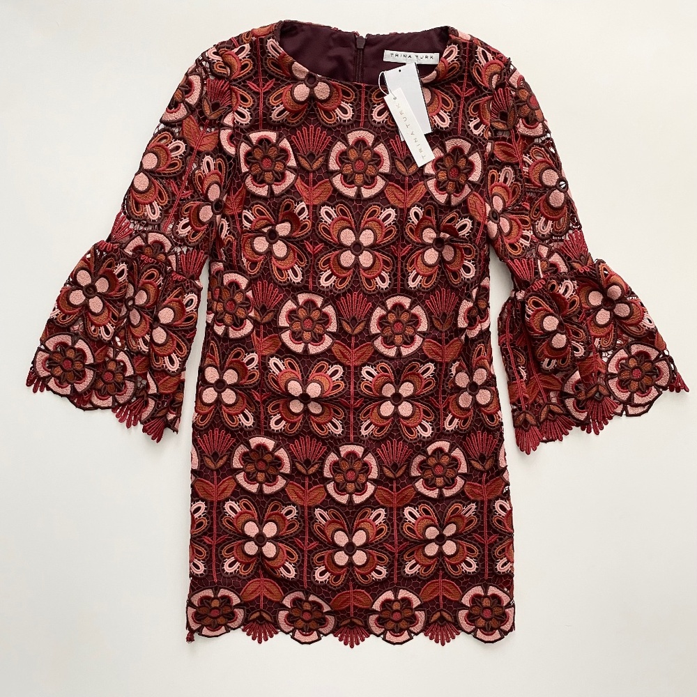 Trina Turk pink/brown crochet Floral Lace Mini Dress